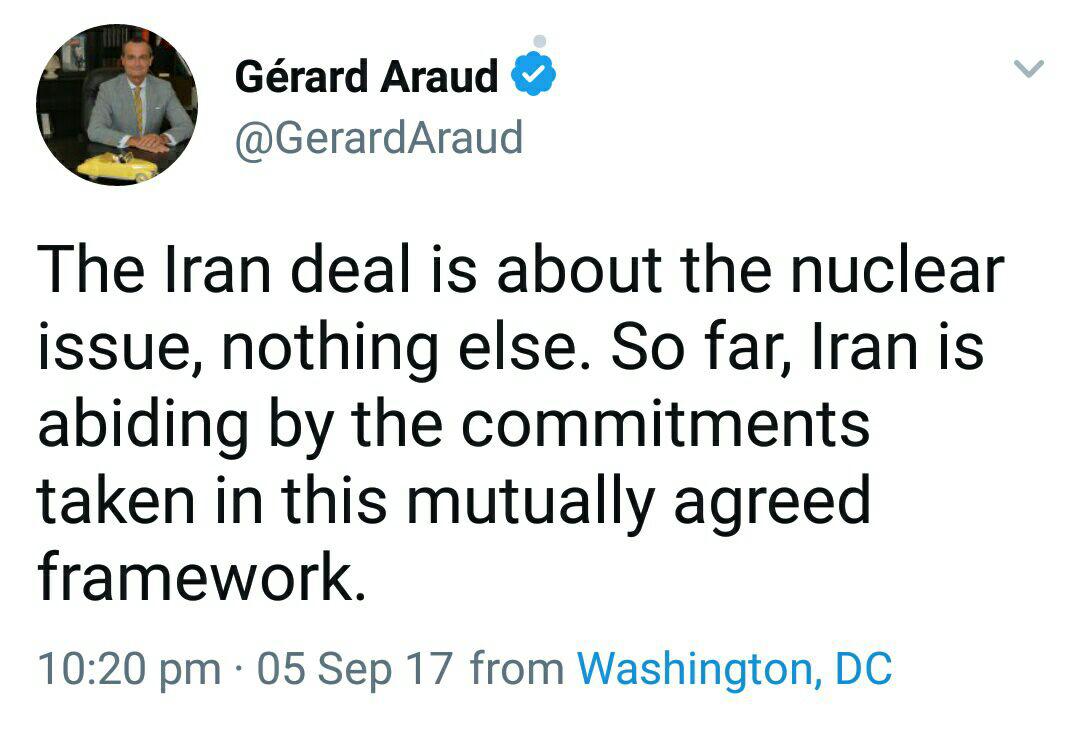 واکنش زودهنگام فرانسه به سخنان ضدایرانی نیکی هیلی /برجام را تنها درباره مسئله هسته‌ای ایران است /ایران به تعهداتش پایبند بوده است