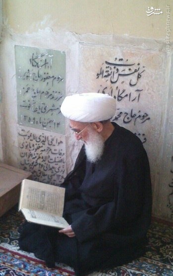 آیت الله نوری همدانی بر سر مزار مادرش/عکس