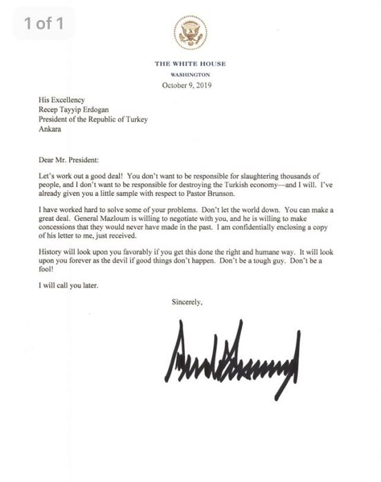 نامه توهین آمیز ترامپ به اردوغان: احمق نباش و کشتار نکن!