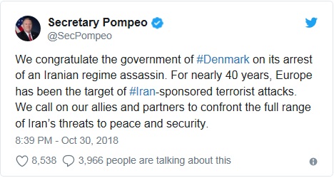 تبریک مضحک پمپئو به دولت دانمارک برای دستگیری یک ایرانی + متن تبریک